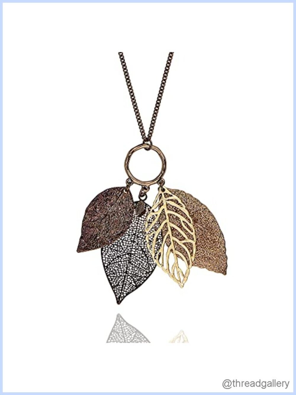 Two Tone Filigree Fall Leaf Pendant Long Necklace Chunky Sweater Chain Statement